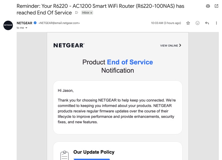 screenshot of netgear email